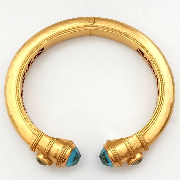 Julie Vos Cuff Hinged Bangle Bracelet Gold Plated & Turquoise Blue Glass Stone - Picture 2 of 5